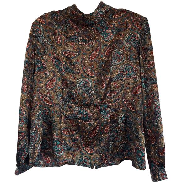 BEAUTIFUL QUEENIE Vtg‎ Paisley 100% Silk Blouse-Button Back-80's 90's- Olive-16 - Picture 5 of 8